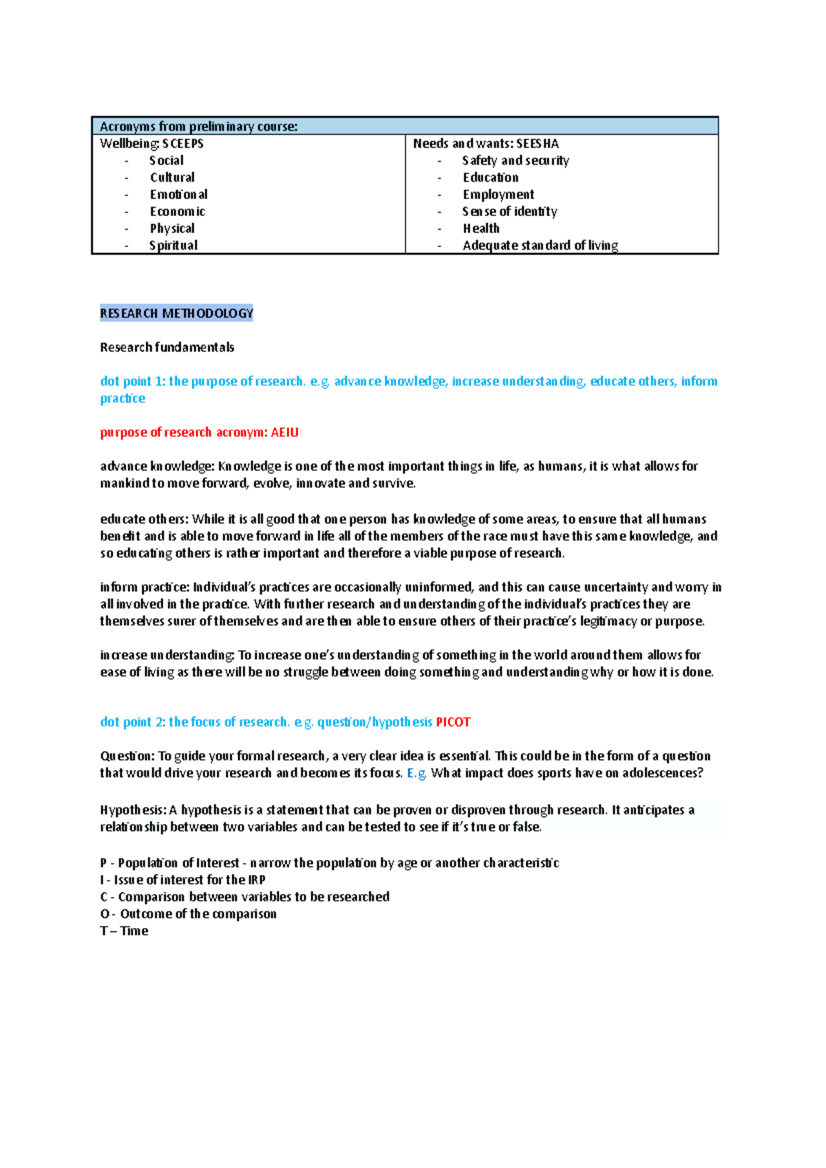 Research methodologies - Acronyms from preliminary course: Wellbeing ...