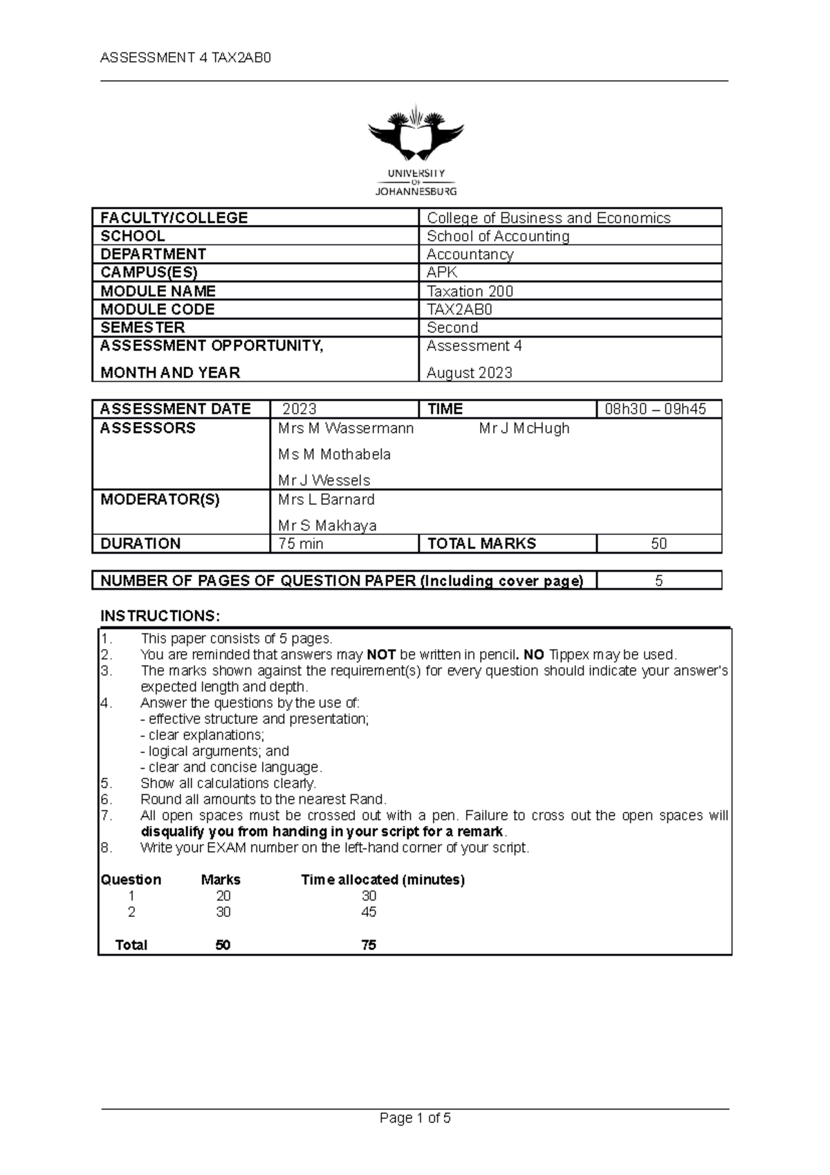 Assessment 4 2023 TAX200 Question no password - - Studocu