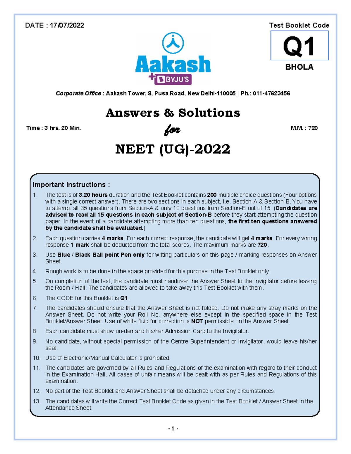 Code-Q1 Qs+Ans+Solution NEET-2022 - Corporate Office : Aakash Tower, 8 ...