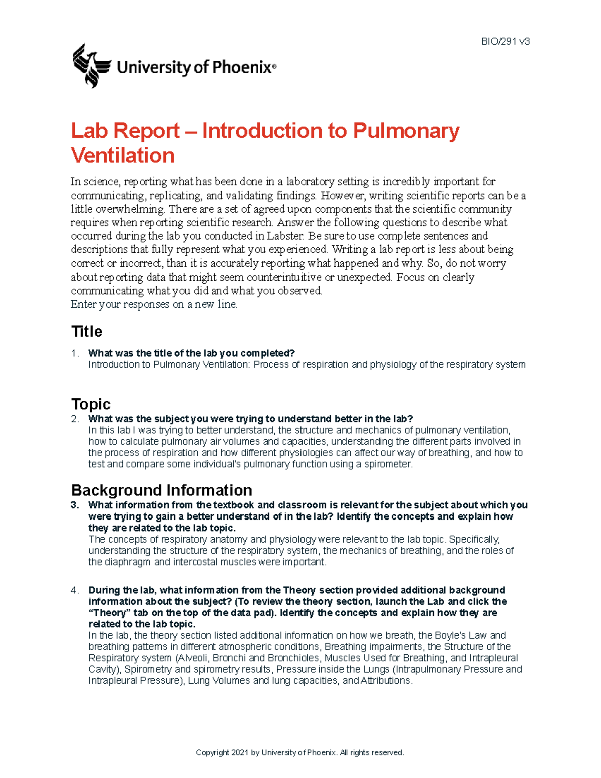 Wk 3 Introduction to Pulmonary Ventilation Lab Report BIO/291 v Lab
