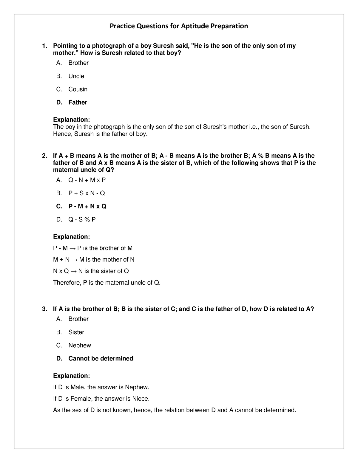 Blood Relation Practice Questions - Computer Appication - Studocu