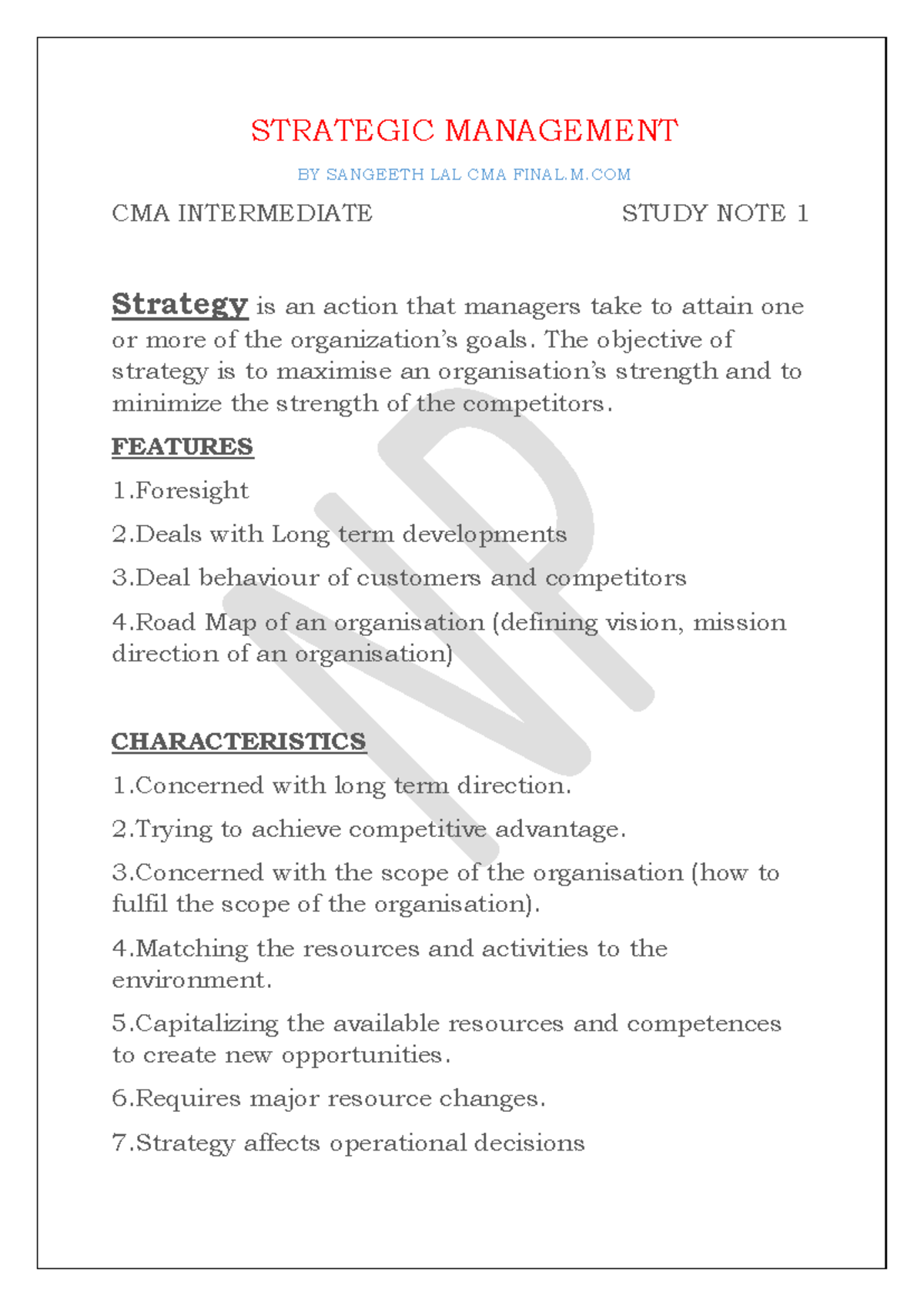Short notes of strategic mgt cma India - STRATEGIC MANAGEMENT BY ...