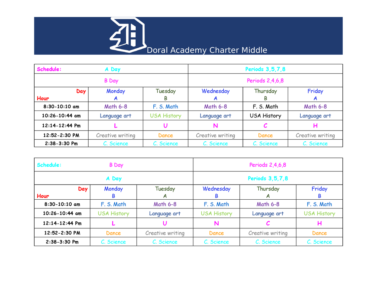 Laura's schedule - asdfvgbnm, - Doral Academy Charter Middle Schedule ...