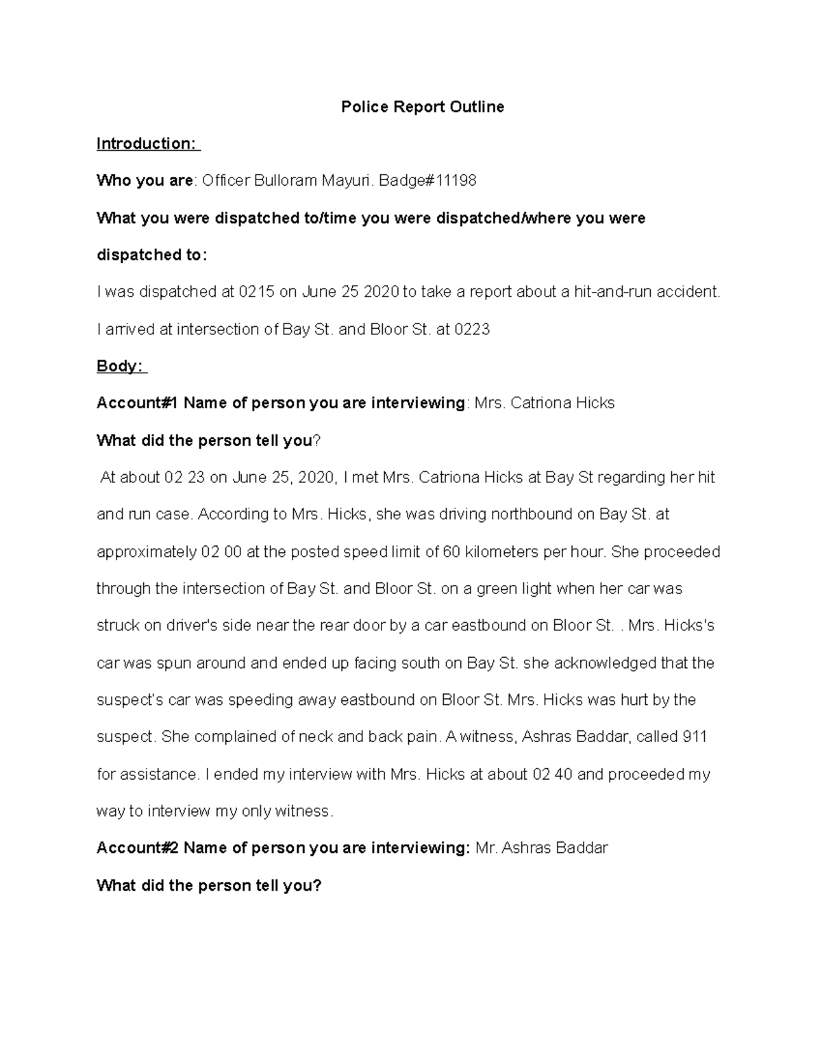 Hit and run report - cvzdfgdasghsftghgsfh - Police Report Outline ...
