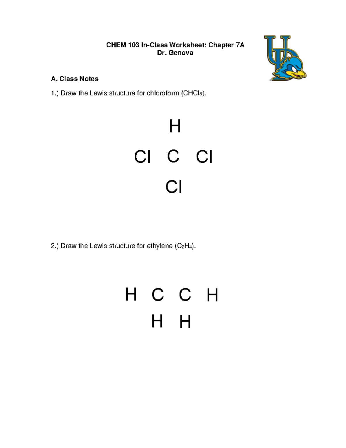 CHEM 103 In Class Worksheet Chapter 7A Genova A. Class Notes 1