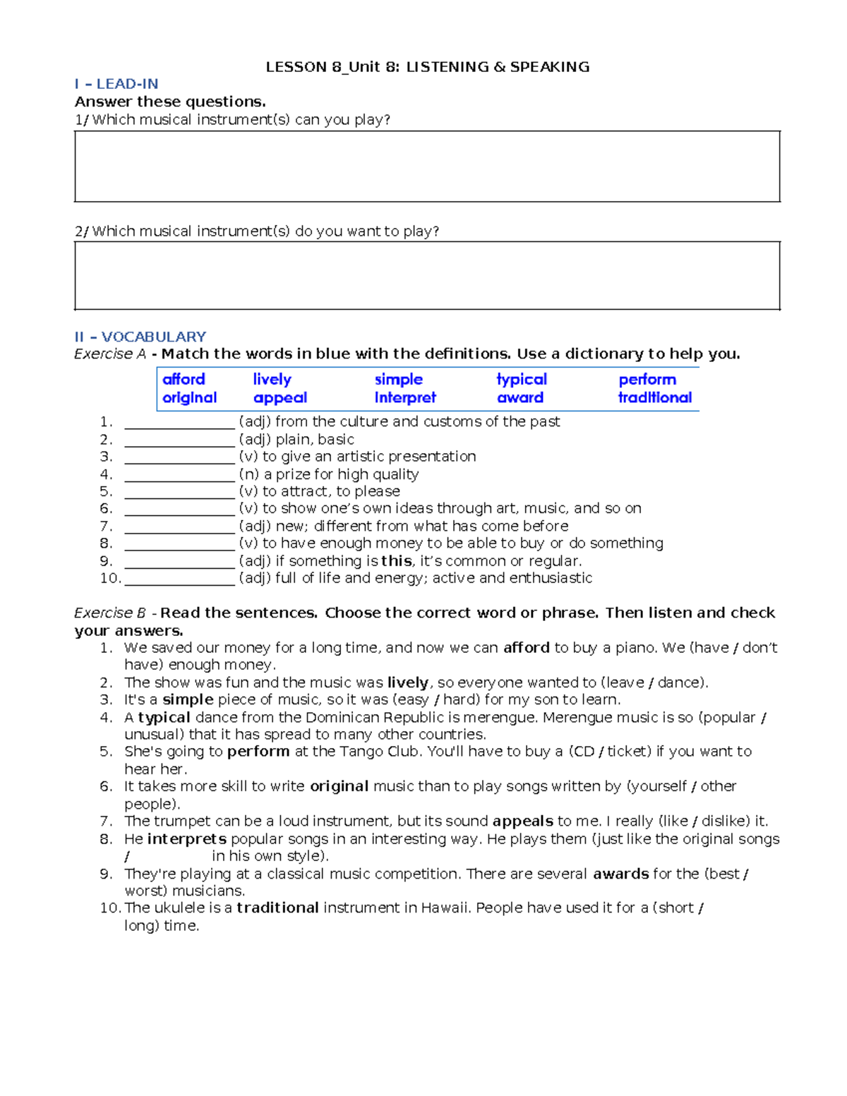 [HK233] Lessson 8 In-class worksheet - LESSON 8_Unit 8: LISTENING ...