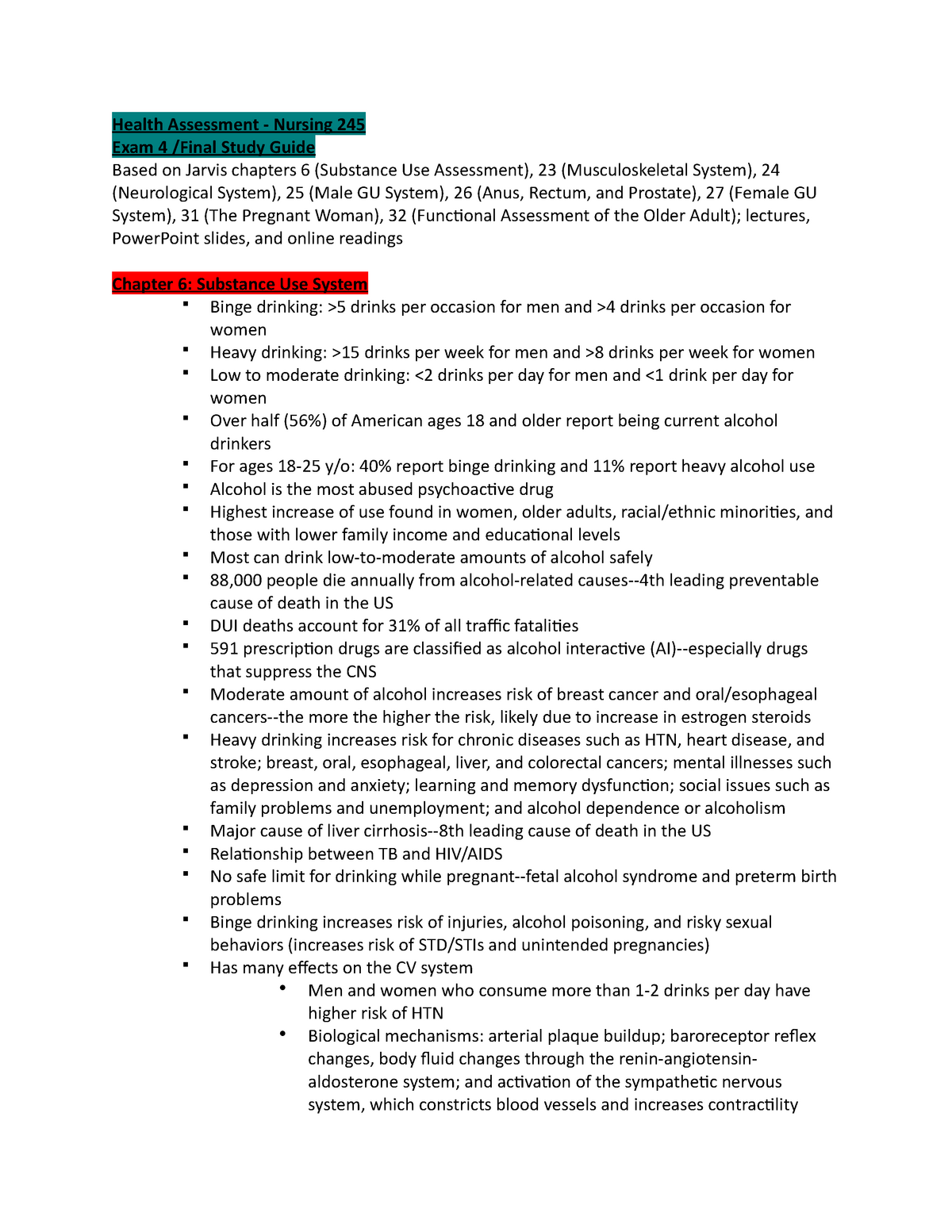 245 Exam 4:Final Study Guide - Health Assessment - Nursing 245 Exam 4 