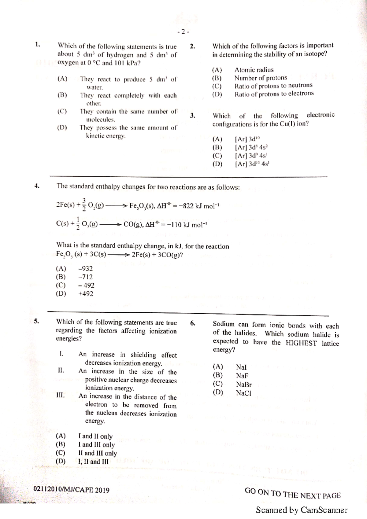 CAPE Chemistry 2019 U1 P1 - Physical Chemistry 1 - Studocu