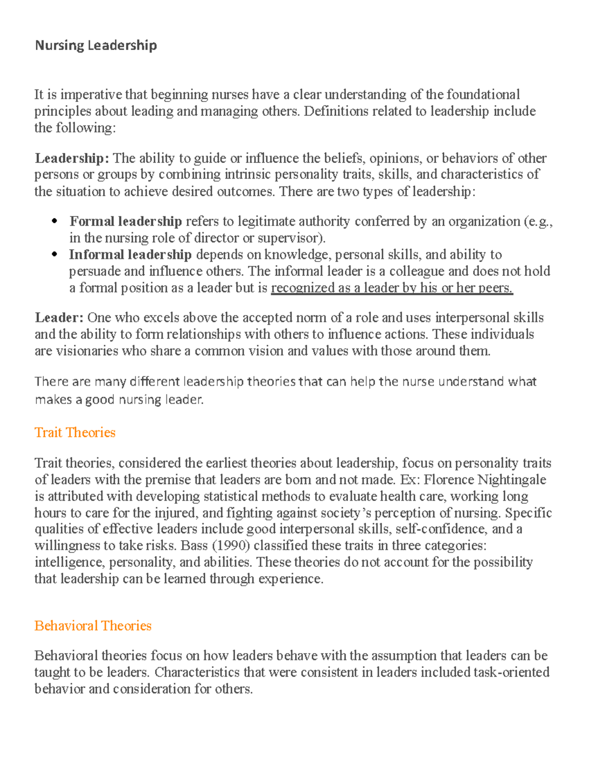 Nursing Leadership - Lecture Notes - Nursing Leadership It Is ...