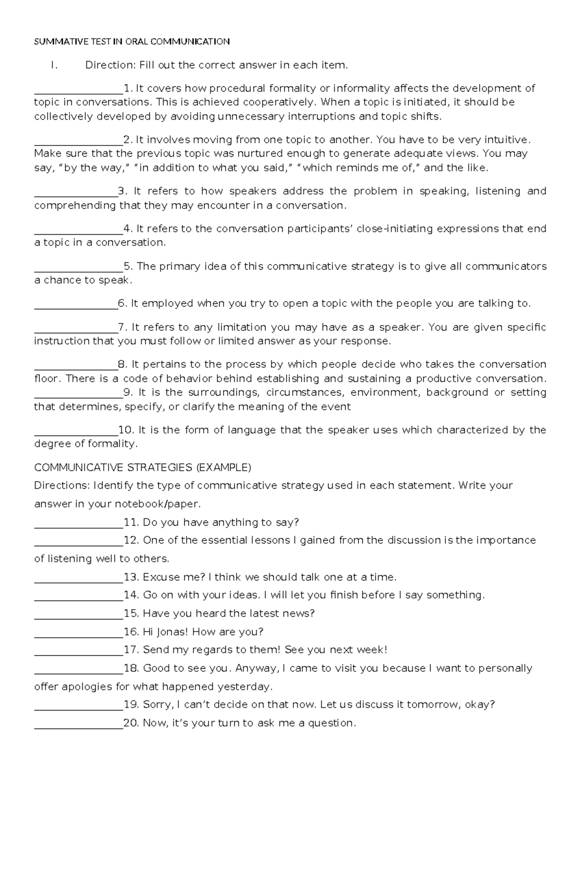 Summative TEST IN ORAL Communication SUMMATIVE TEST IN ORAL