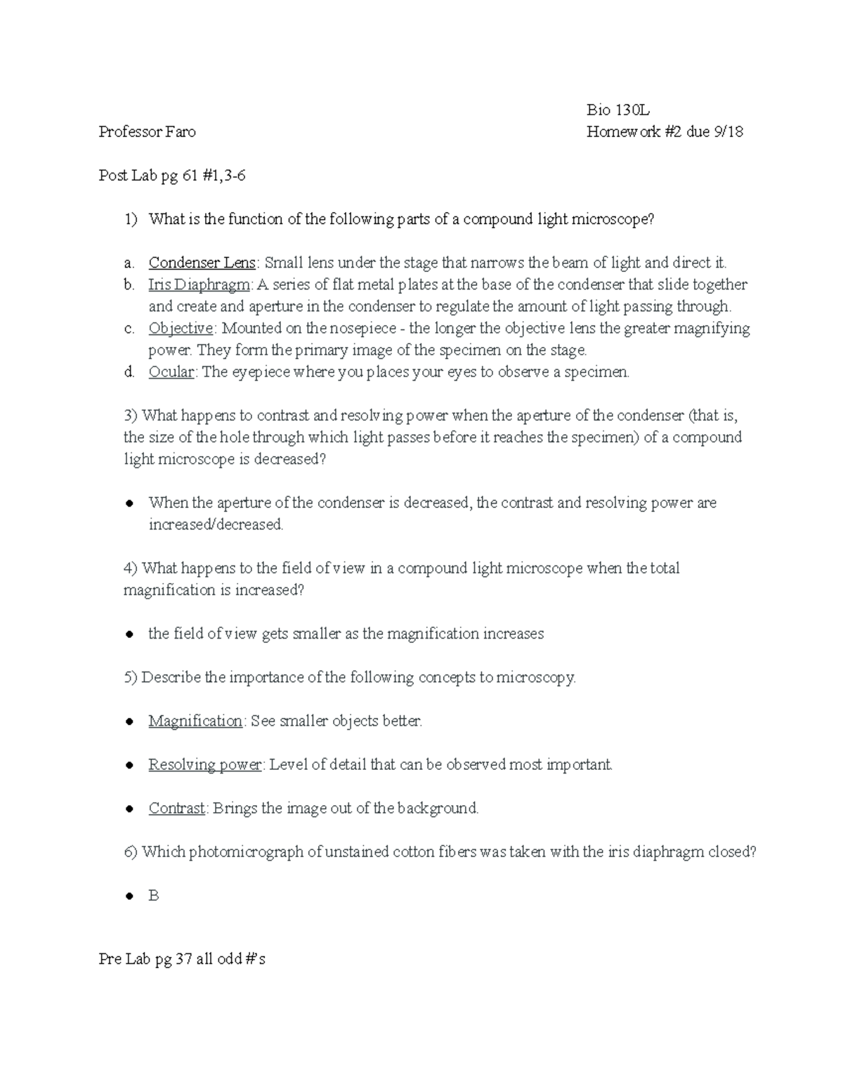 Bio 130L Homework #2 - Post Lab pg 61 #1,3-6 - Bio 130L Professor Faro ...