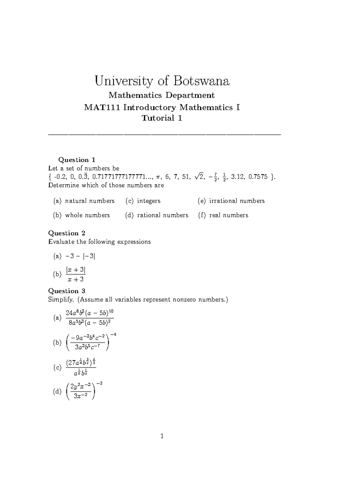 MAT111 Tutorial 1 2024 - Mathematics tution - University of Botswana ...