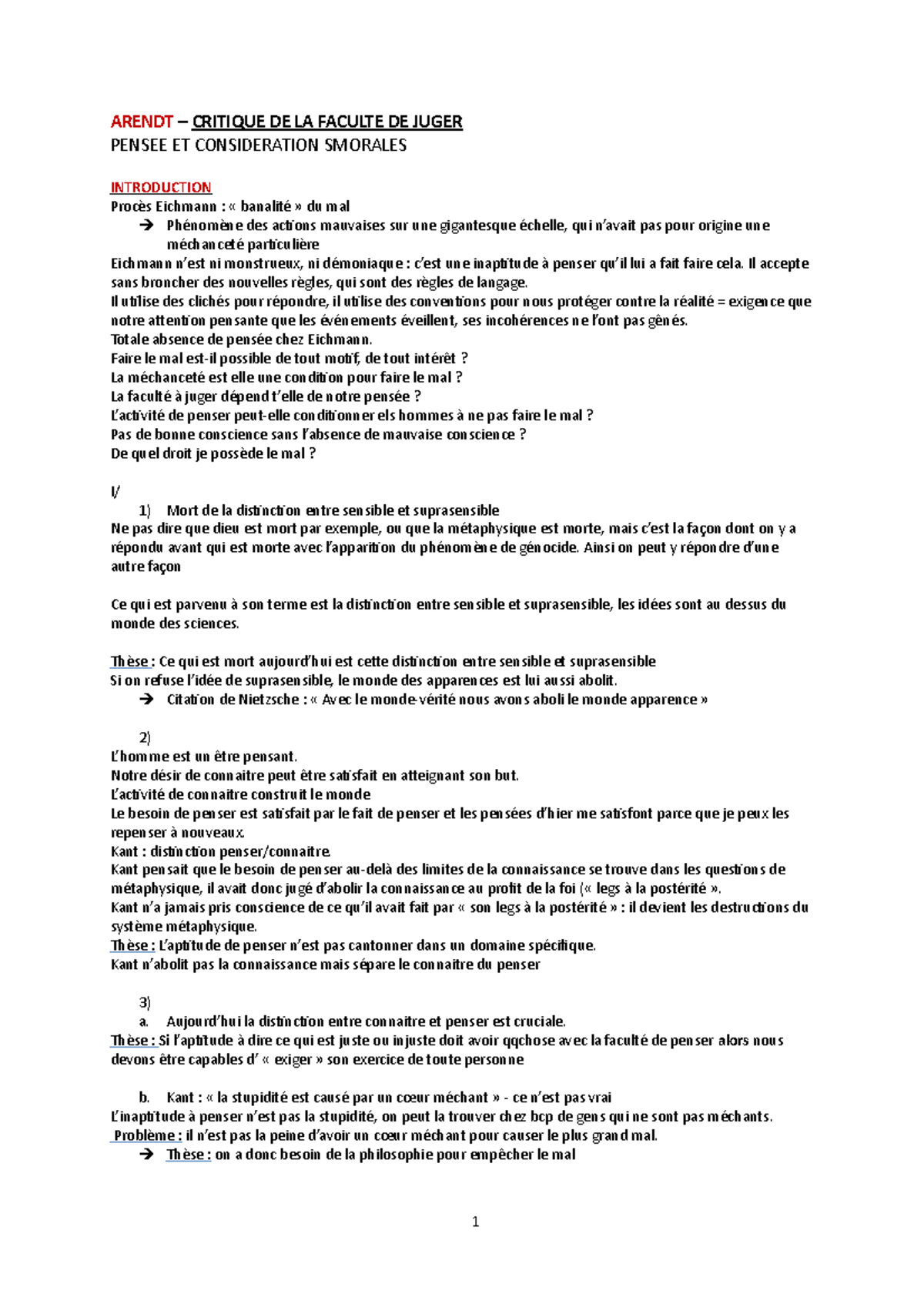 Fiche Arendt Critique De La Faculte De Juger Philosophie Urca Studocu