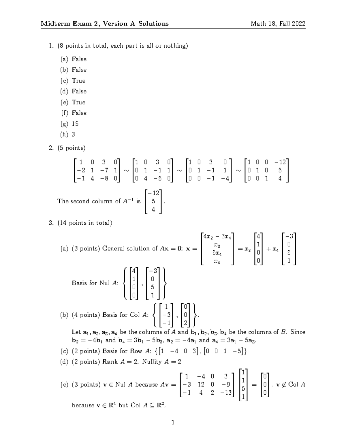 Midterm 2Version ASolutions Midterm Exam 2, Version A Solutions Math