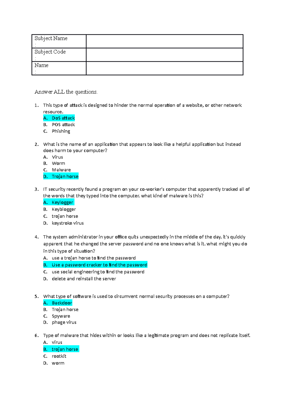 exercise coding csc248 - Subject Name : Subject Code : Name : Answer ...