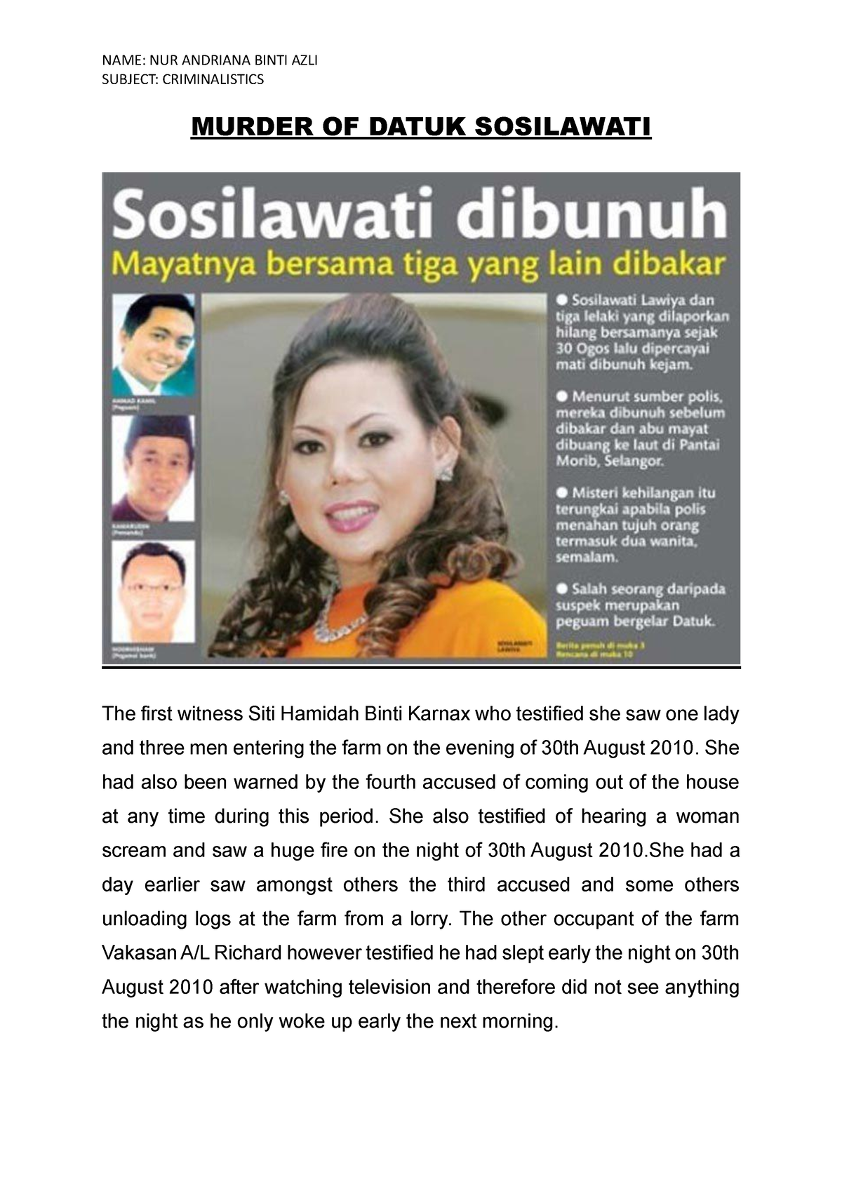 Murder OF Datuk Sosilawati - NAME: NUR ANDRIANA BINTI AZLI SUBJECT ...