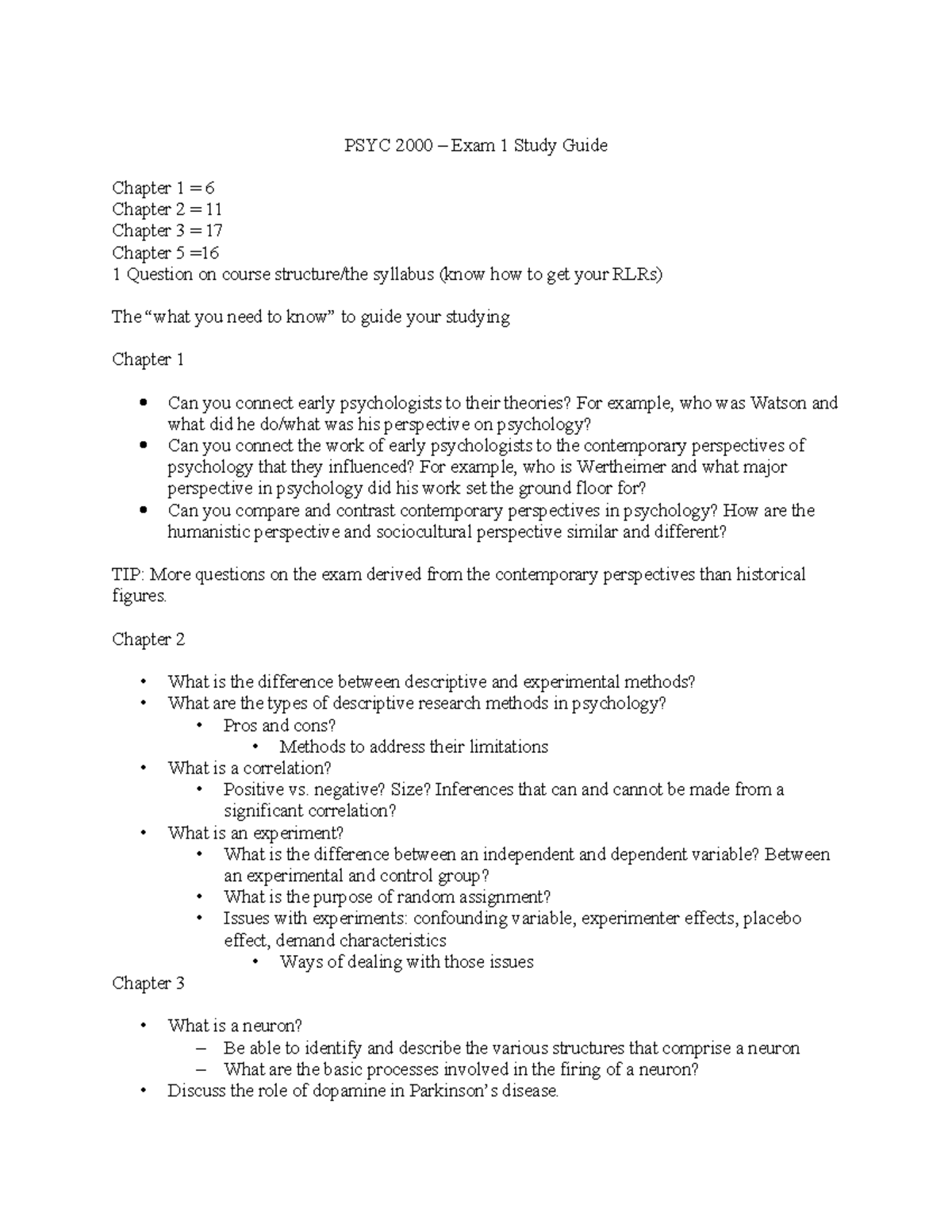 Exam 1 Study Guide - questions for exam 1 - PSYC 2000 – Exam 1 Study ...