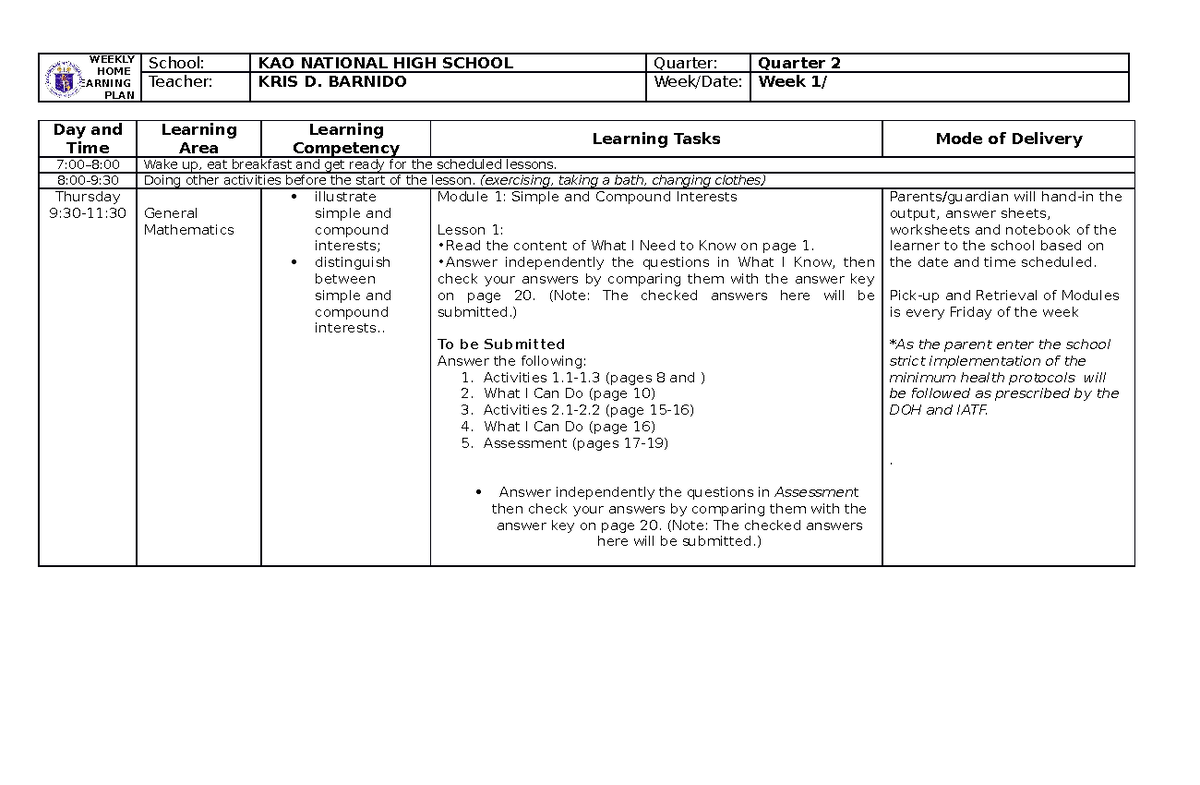 General Mathematics- weekly home learning plan - WEEKLY HOME LEARNING ...