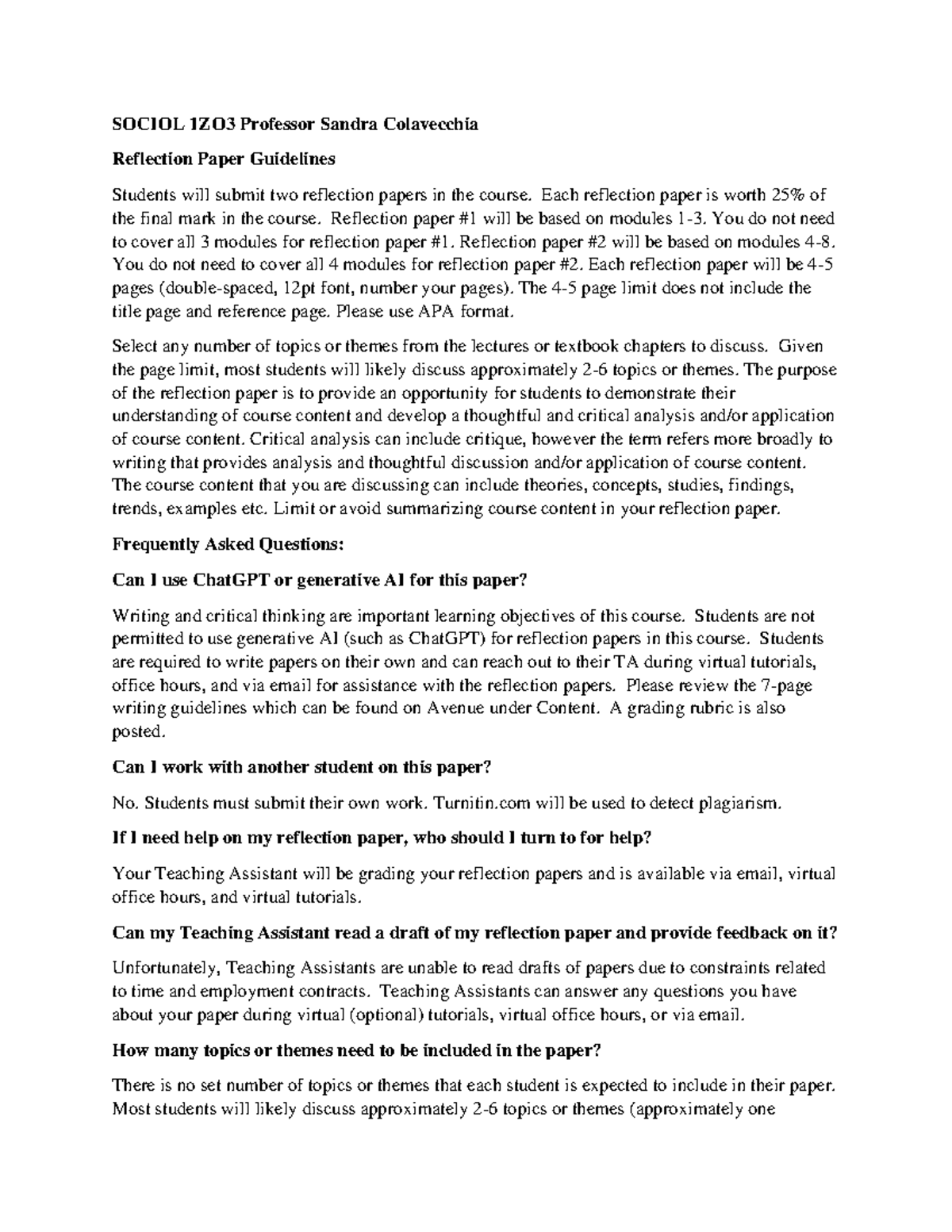 1z03 c02 fall 2024 reflection paper guidelines - SOCIOL 1ZO3 Professor ...