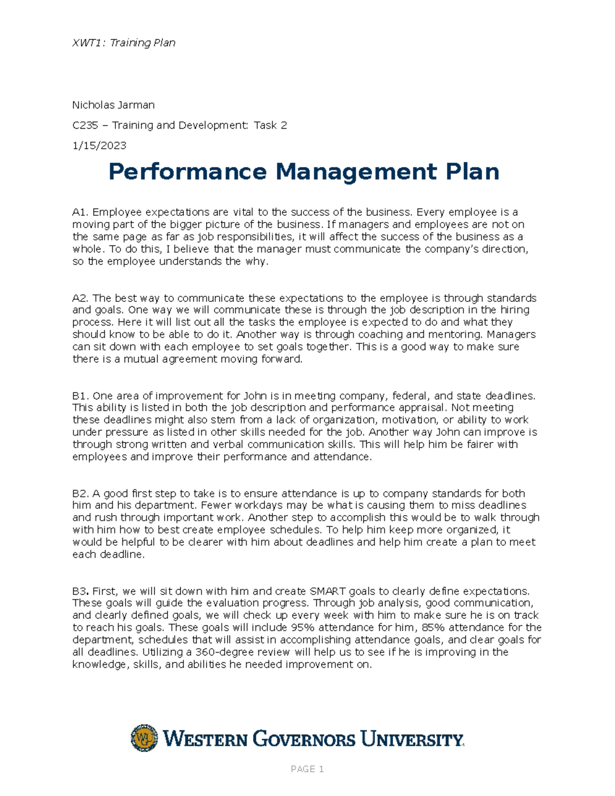 C235 task 2 - C235 task 2 pass - XWT1: Training Plan Nicholas Jarman ...