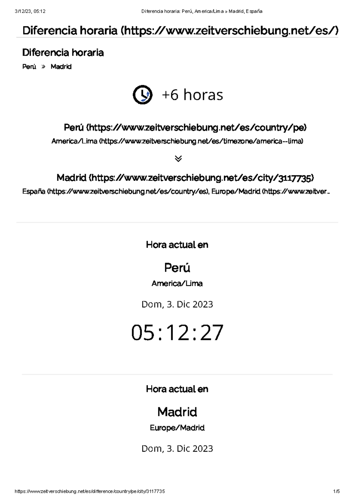 Diferencia horaria Perú, America Lima » Madrid, España - Diferencia ...