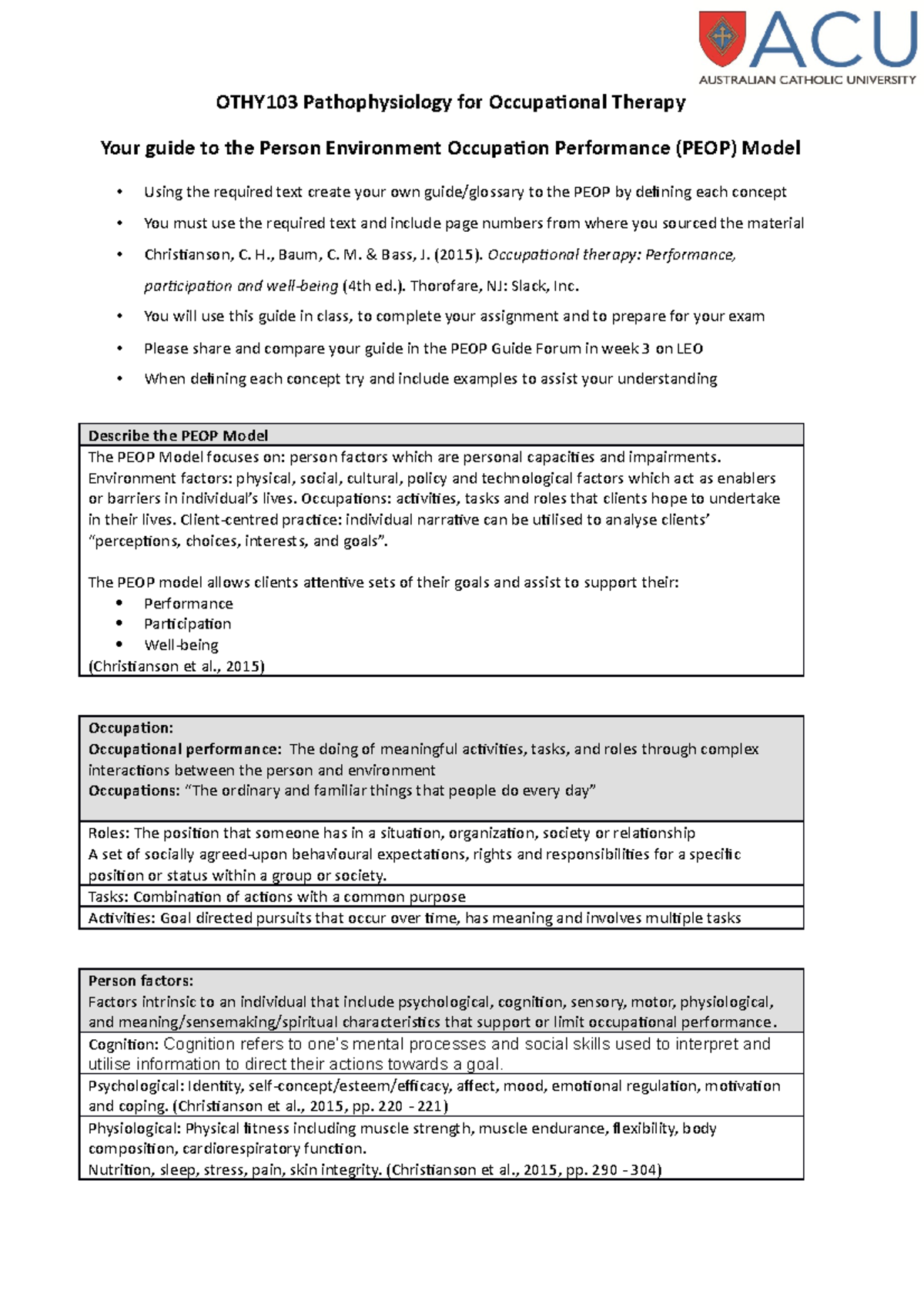 Guide PEOP PEOP OTHY103 Pathophysiology for Occupational Therapy