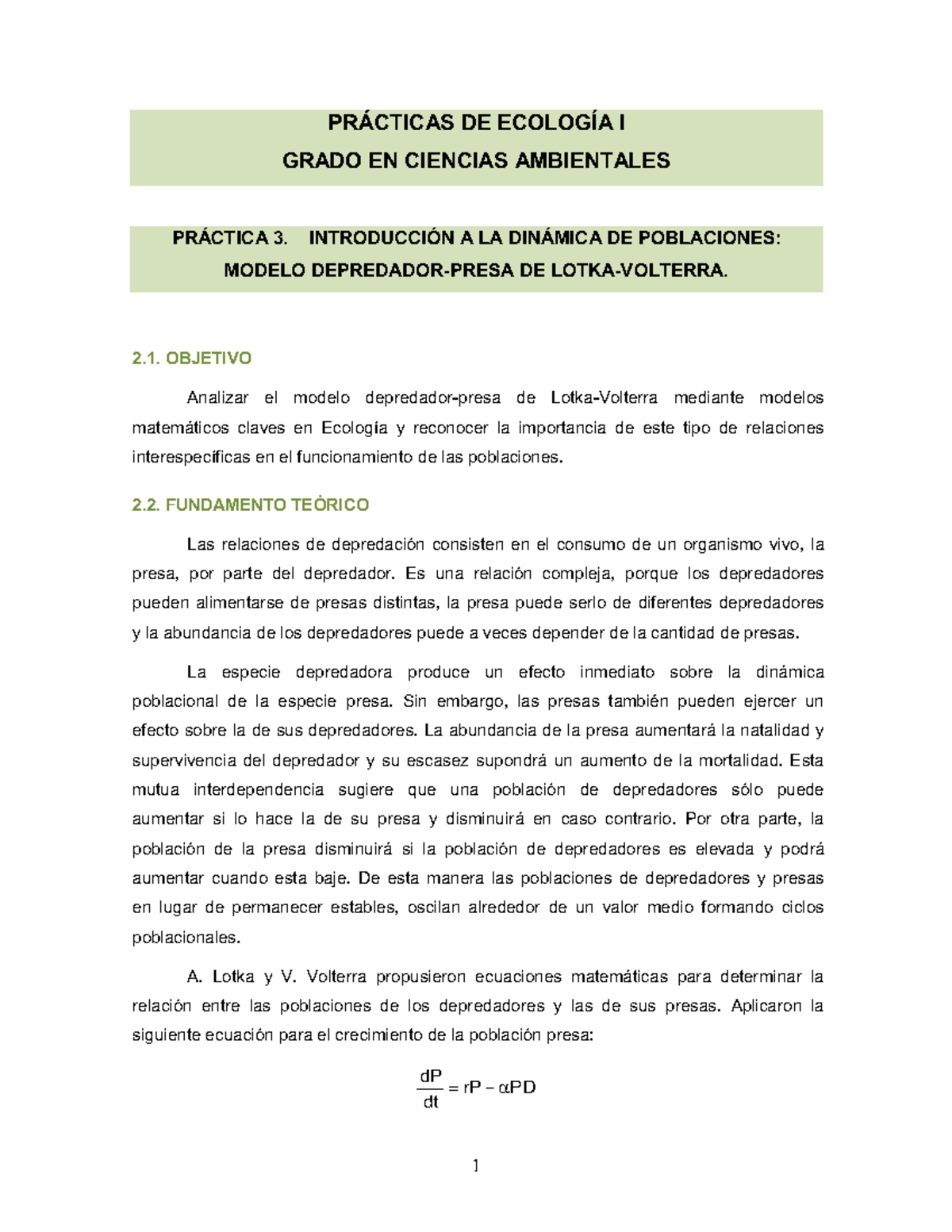 Práctica 3 Modelo depredador-presa de Lotka Volterra 2 - PRÁCTICAS DE  ECOLOGÍA I GRADO EN CIENCIAS - Studocu