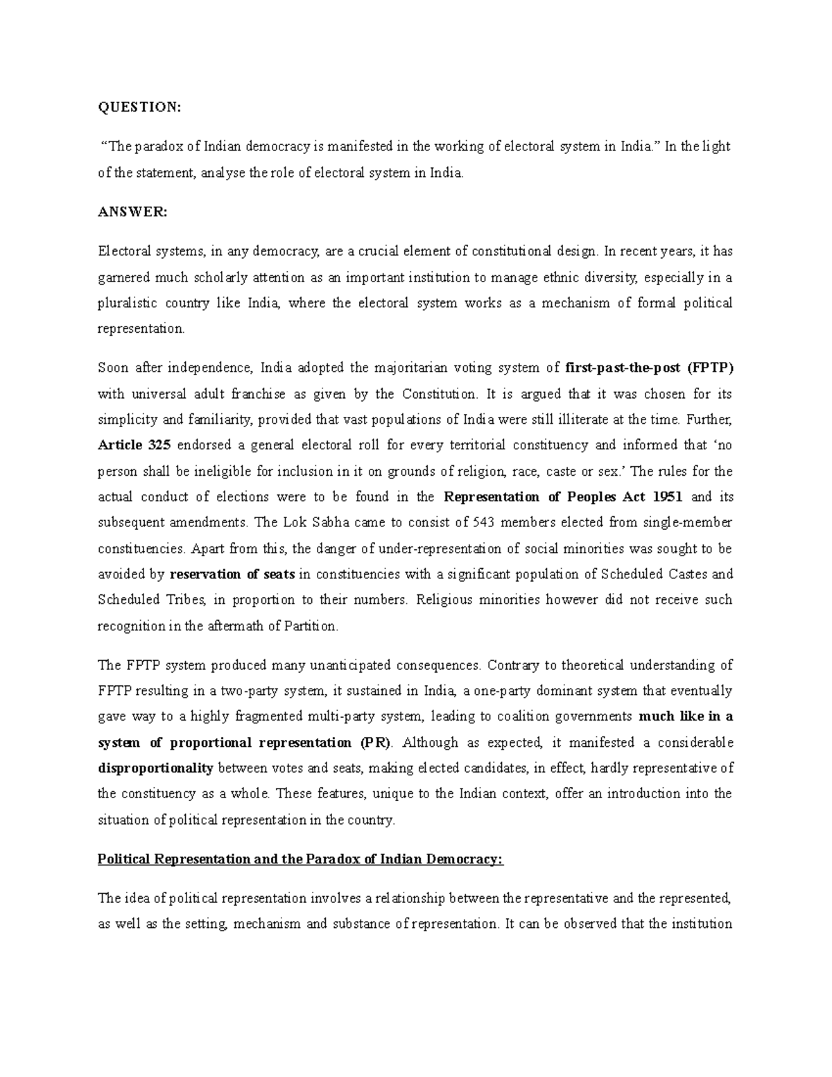 PPI Assignment Semester 2 - QUESTION: “The paradox of Indian democracy ...