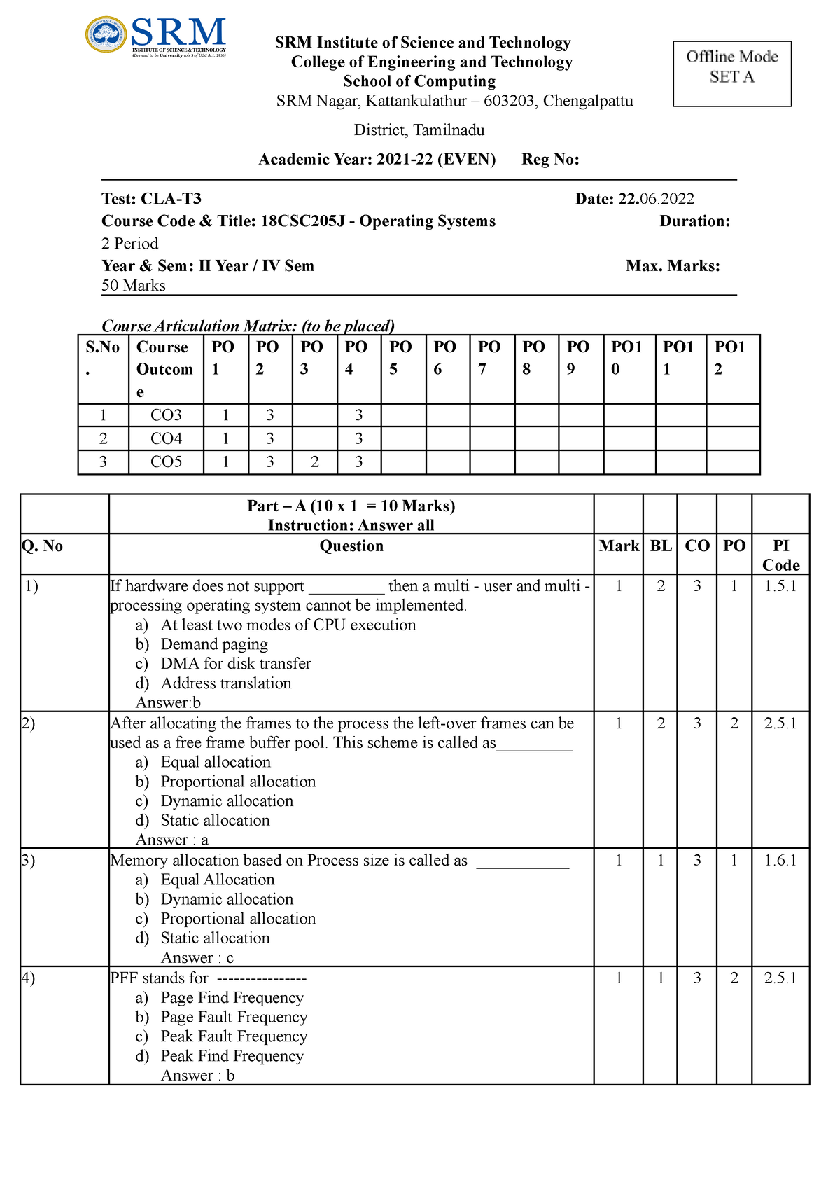 Set A - its the practice material - SRM Institute of Science and ...