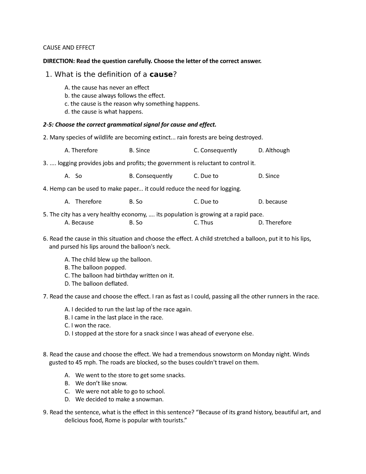 Cause AND Effect Test - CAUSE AND EFFECT DIRECTION: Read the question ...