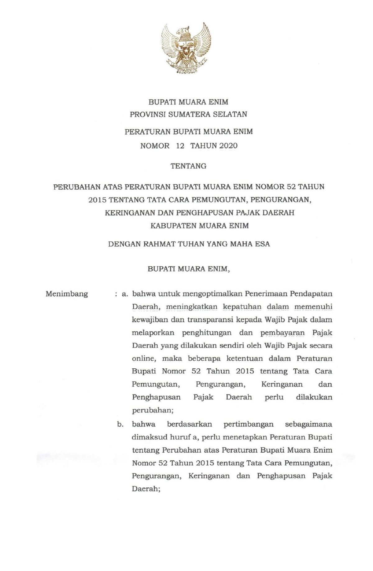 Perbup Nomor 12 Tahun 2020 - BUPATI MUARA ENIM PROVINSI SUMATERA SEI ...