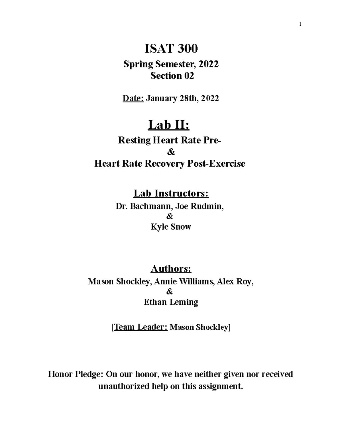 Lab 2 Resting Heart Rate and Recovery after Exercise ISAT 300 Spring