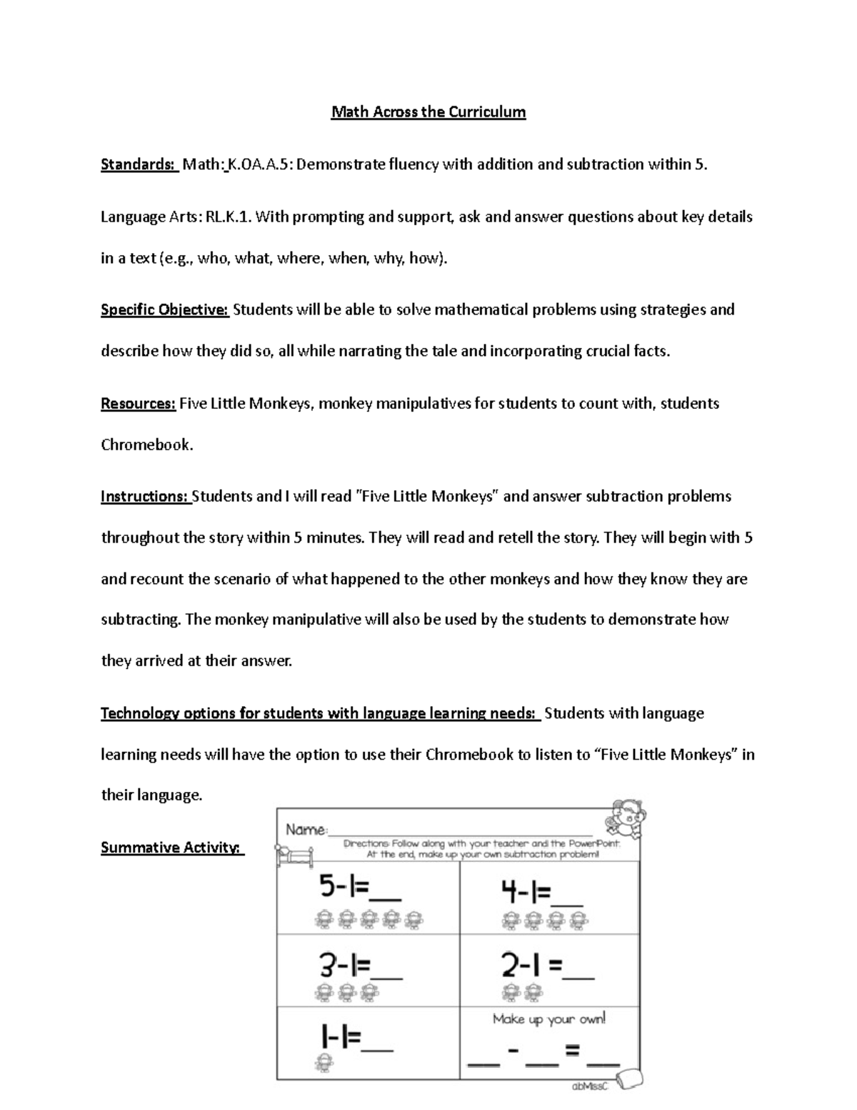 Math Across the Curriculum Math Across the Curriculum Standards Math