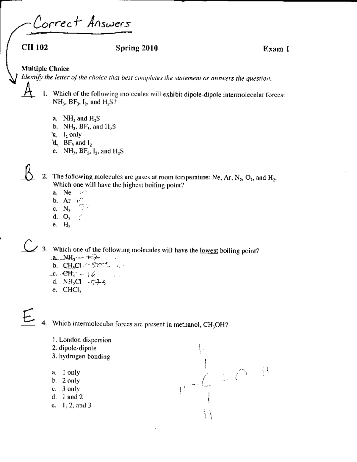 Ch 102 Exam 1 - Test - Cor.r Anr*er-s Ch Rcz Spring 2010 Exam I 