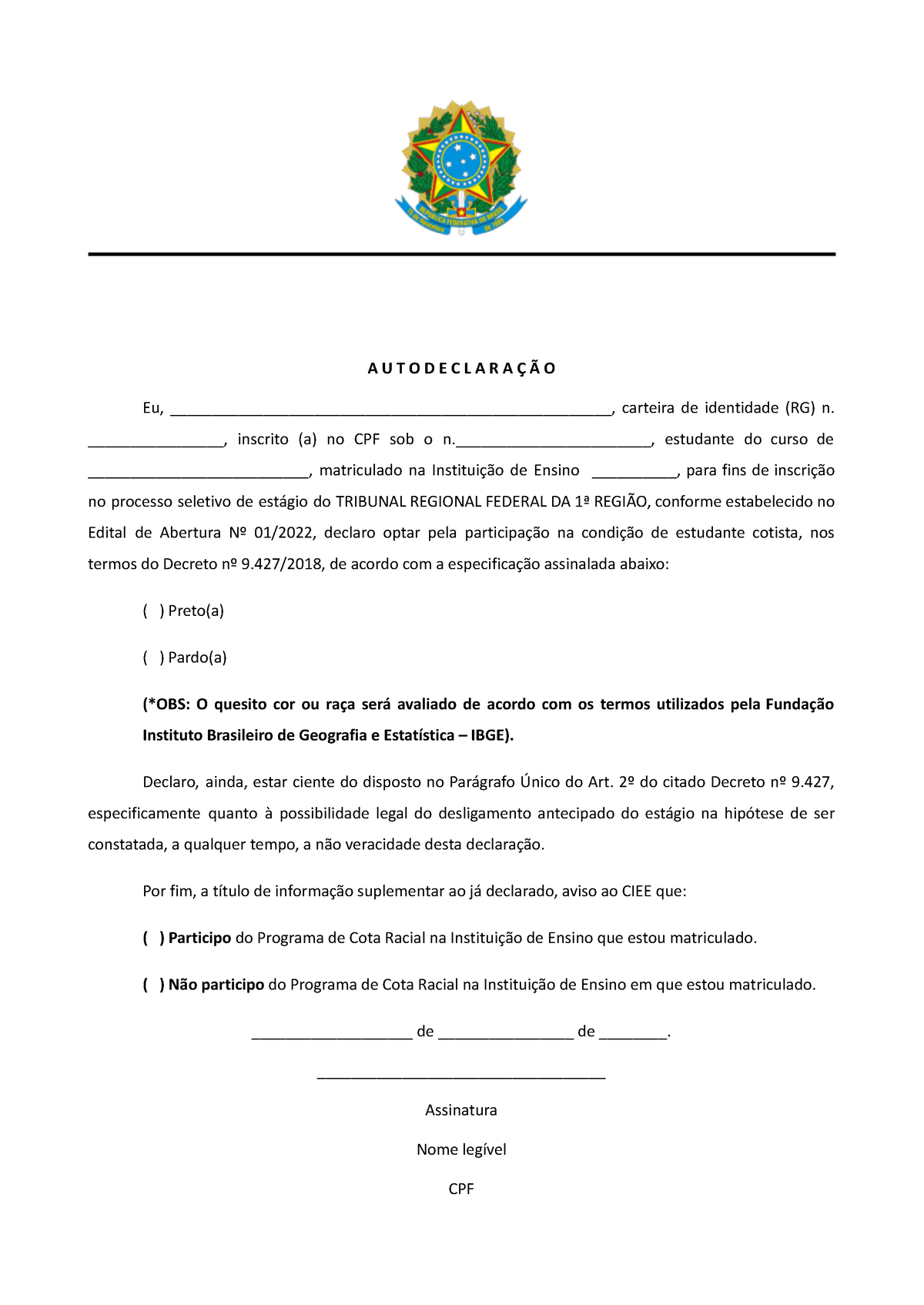 Modelo Formulário Para Autodeclaração Negros Ou Pardos A U T O D E