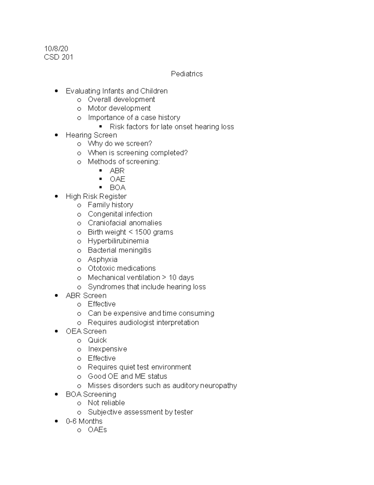 Lecture 10 Pediatrics - test 3 notes - 10/8/ CSD 201 Pediatrics ...