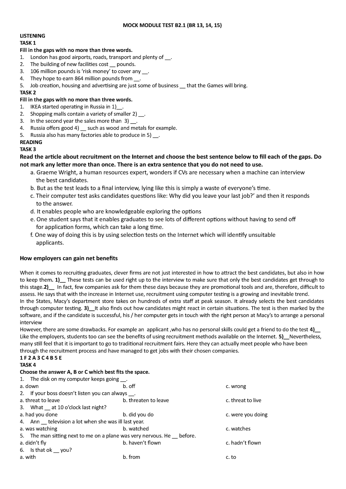 B2.1 mock - odpowiedzi - MOCK MODULE TEST B2 (BR 13, 14, 15) LISTENING ...