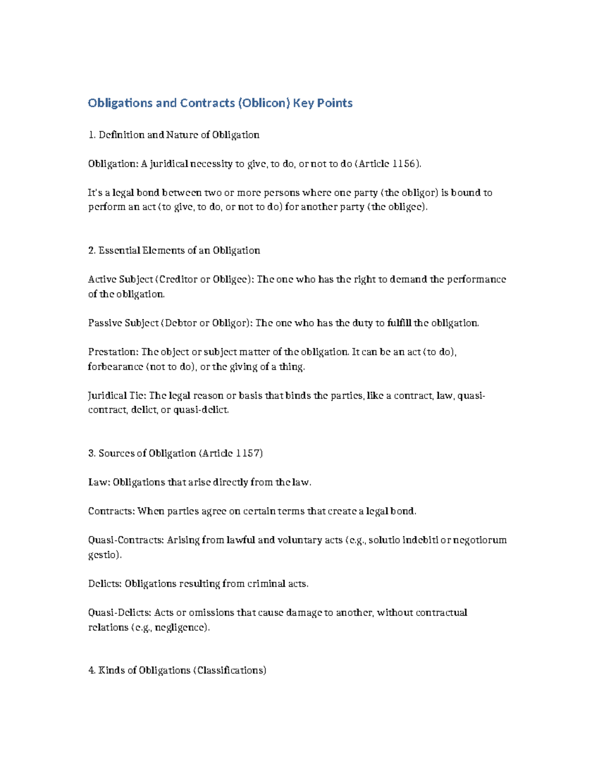 Oblicon Key Points with Questions and Answers - Obligations and ...