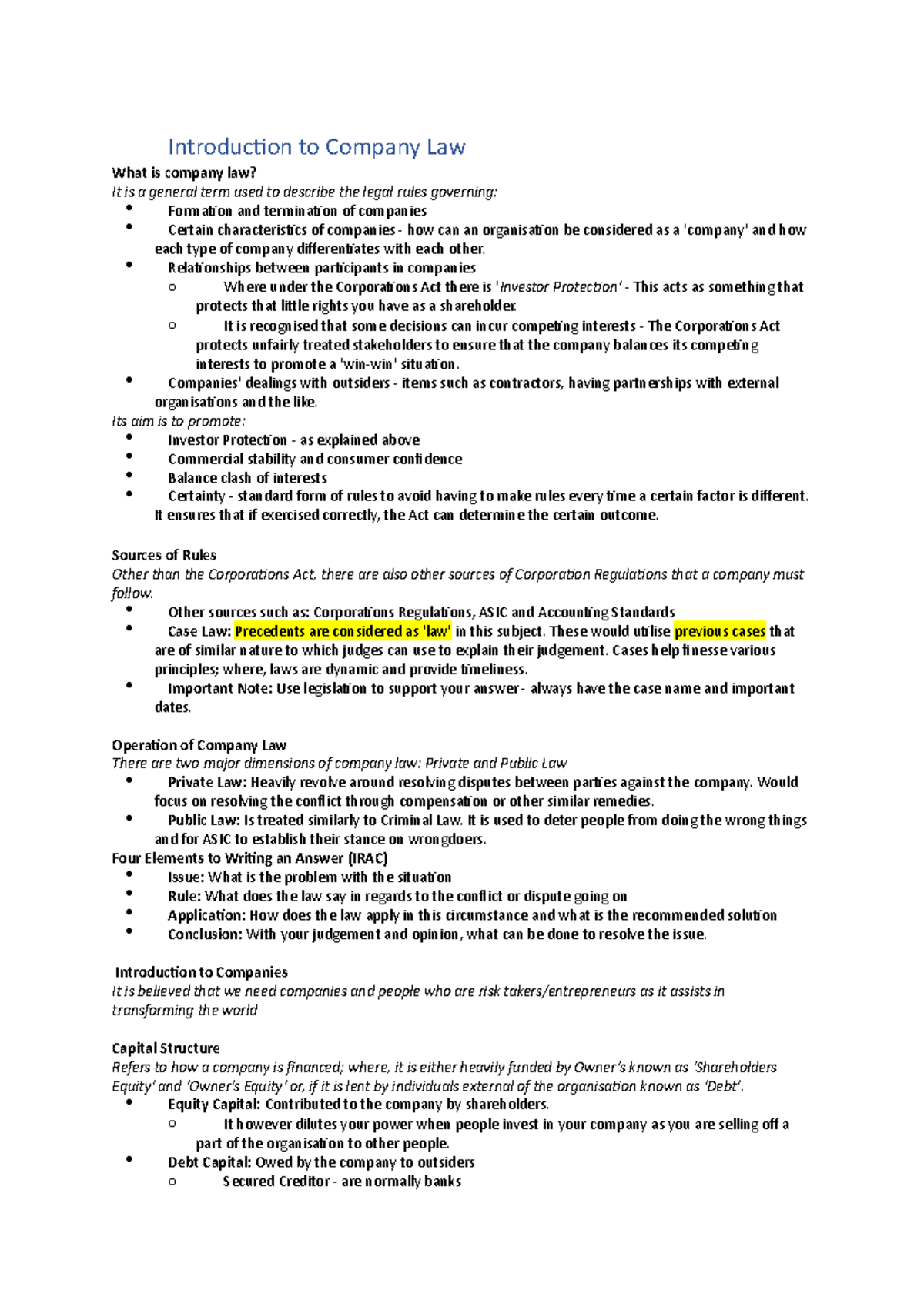 Lecture Notes - Introduction to Company Law What is company law? It is ...