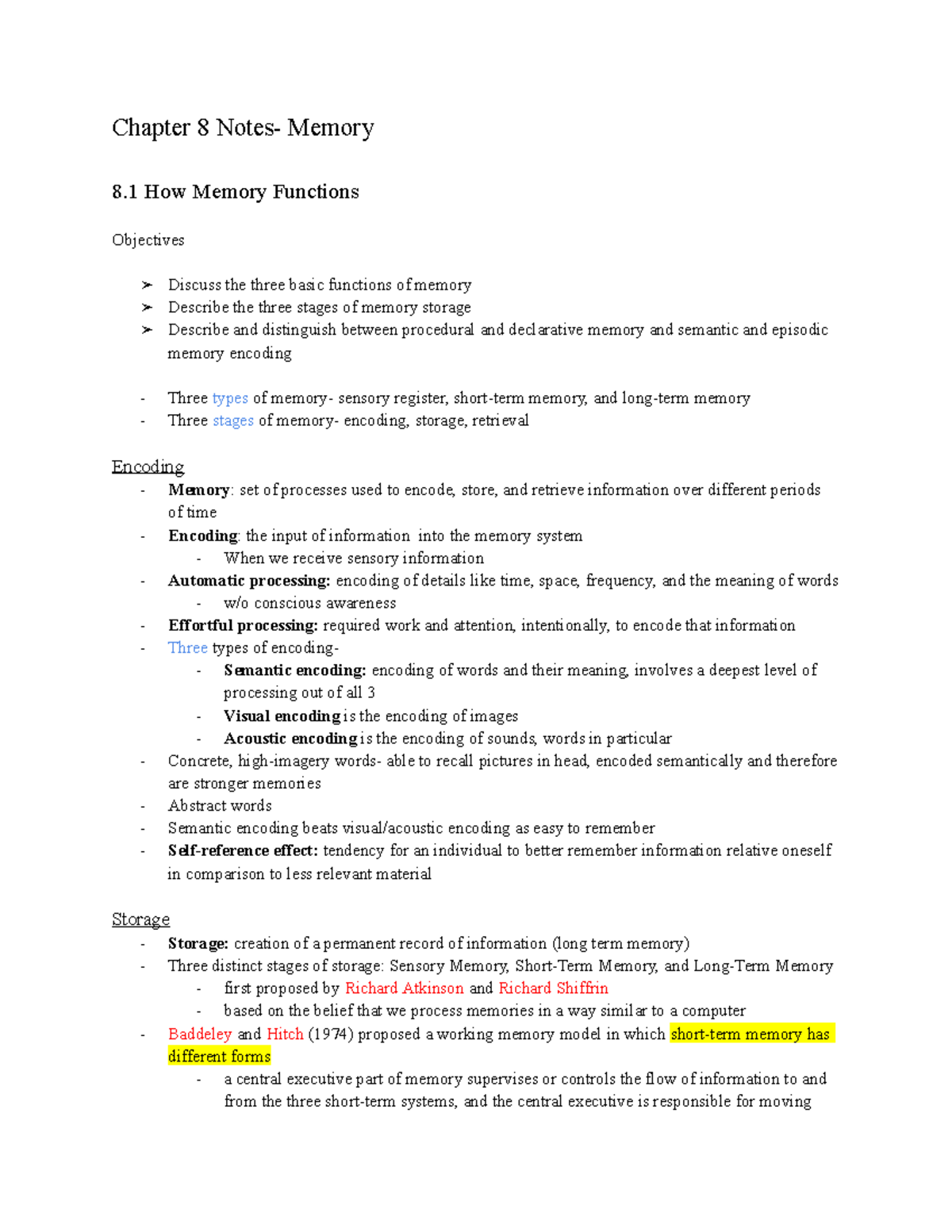 Chapter 8 Notes Chapter 8 Notes Memory 8 How Memory Functions