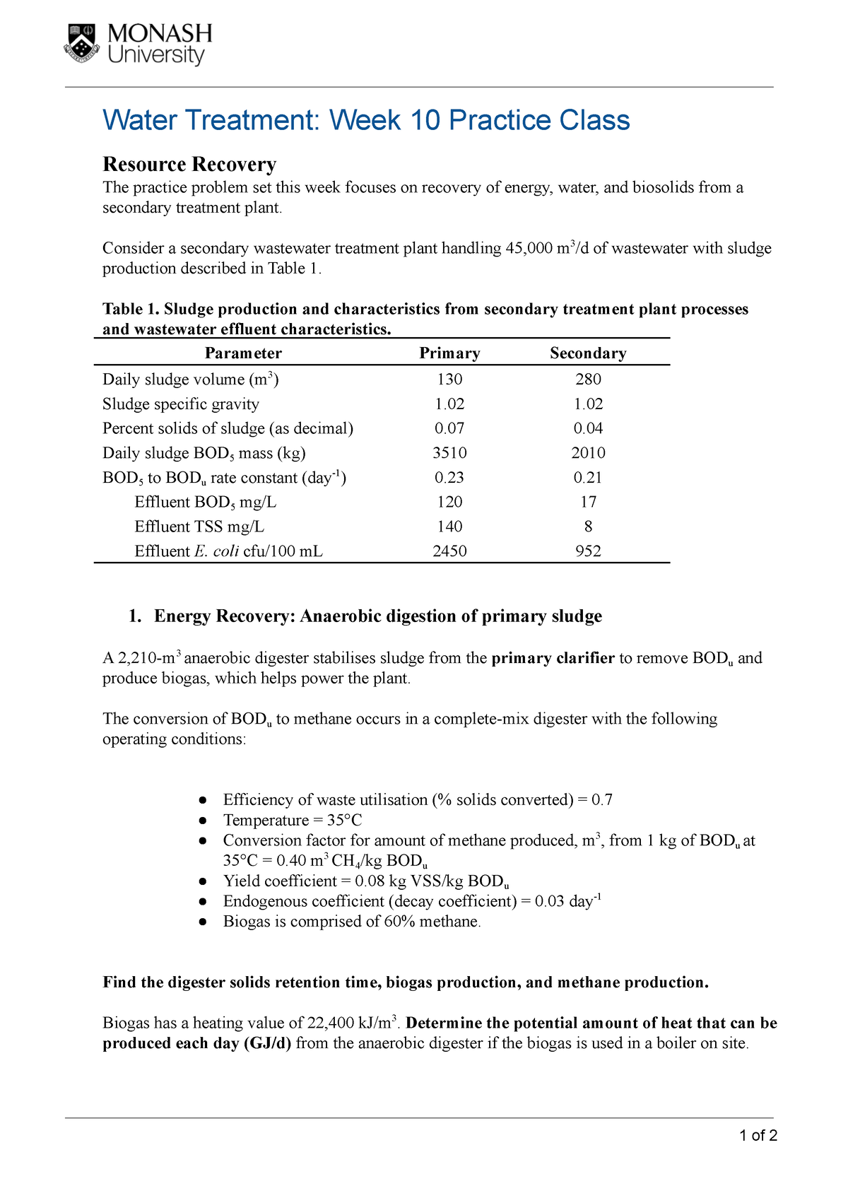 Water Treatment Week 10 Practice Class - Consider A Secondary ...