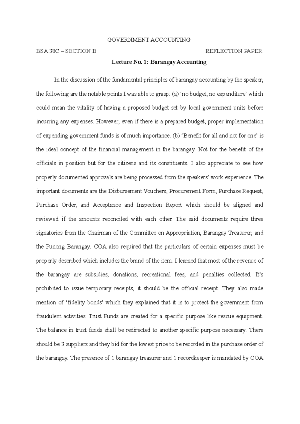 Govt reflection - GOVERNMENT ACCOUNTING BSA 38C – SECTION B REFLECTION ...