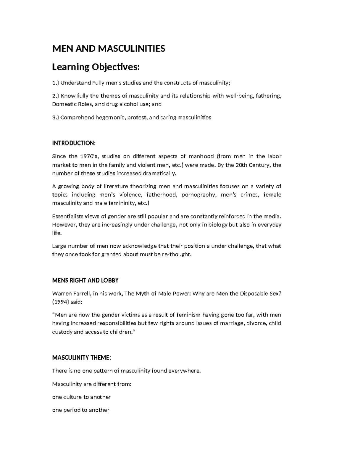 MEN-AND-MASCULINITIES - MEN AND MASCULINITIES Learning Objectives: 1 ...