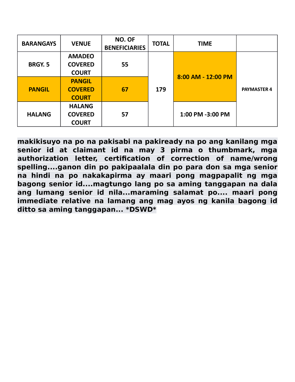 Barangays - Reference - BARANGAYS VENUE NO. OF BENEFICIARIES TOTAL TIME ...