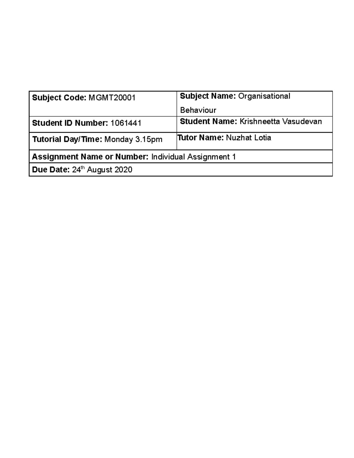 OB Assignment 1-2020 S2 - Subject Code: MGMT20001 Subject Name ...