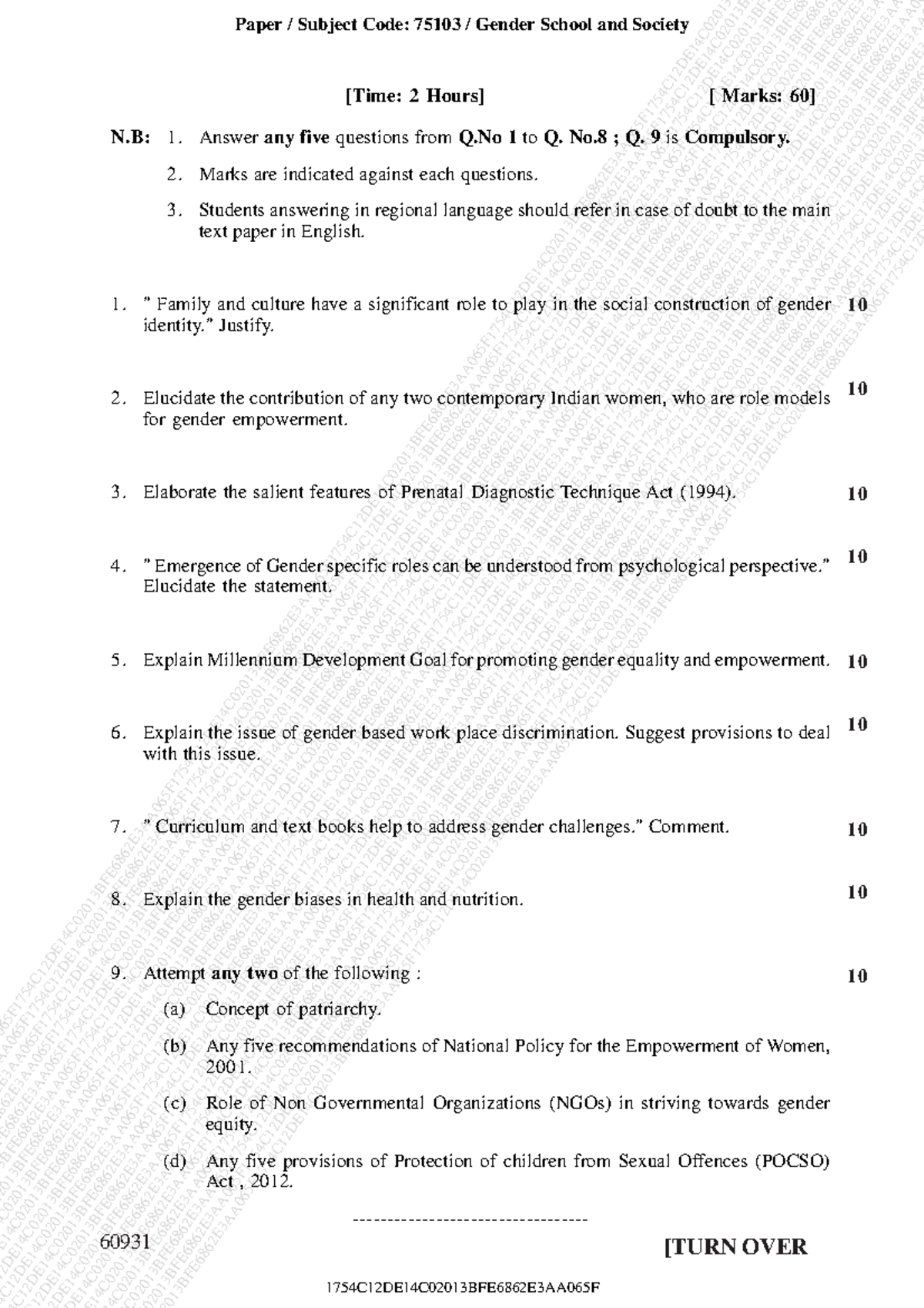 Gender School & Society - 60931 [Time: 2 Hours] [ Marks: 60] N: 1 ...