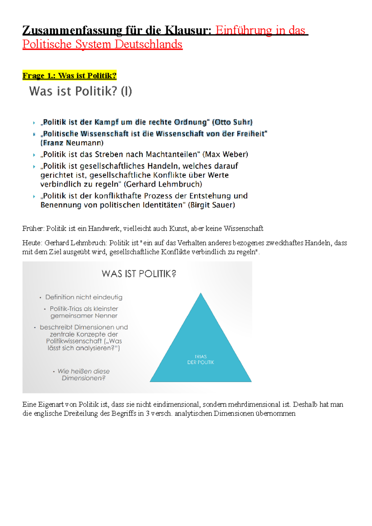 Zusammenfassung Für Die Klausur Einführung In Das Politische System ...