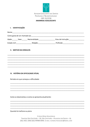 Anamnese-CAN Avaliação nutricional - FICHA DE ANAMNESE(CAN) 1.)  Identificação  Data da 1ª Consulta: - Studocu