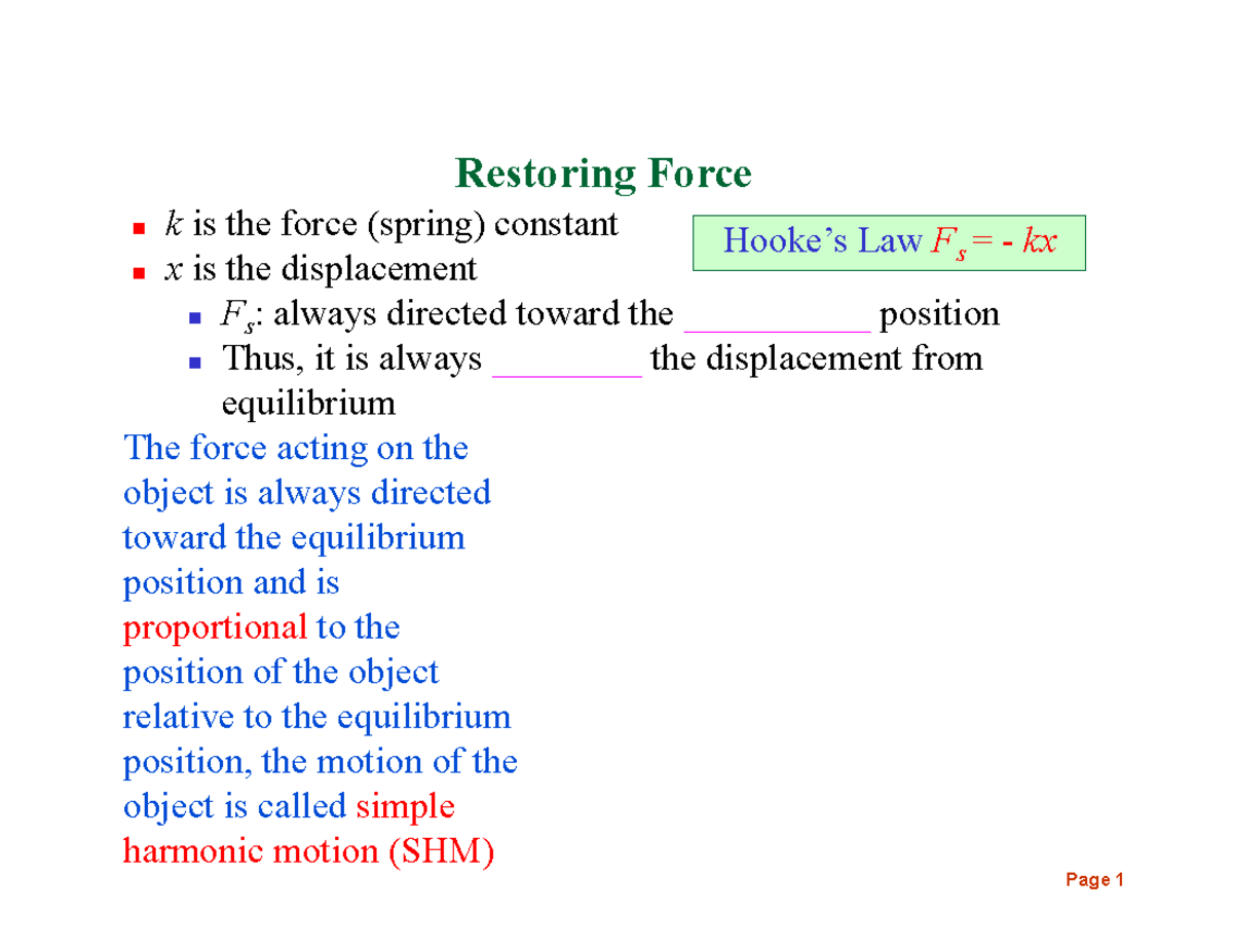 Physics lecture notes - kis the force (spring) constant xis the ...