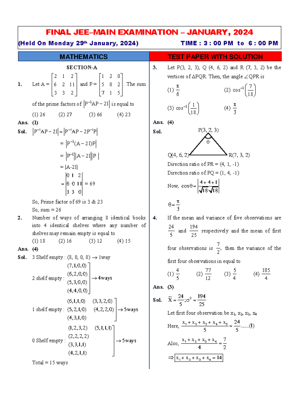 29 Jan 2nd Shift Jee Mains 2024 question paper - FINAL JEE–MAIN ...